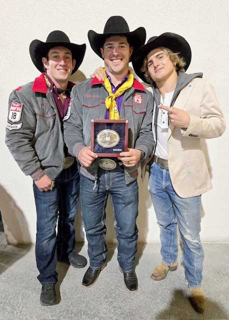 Cole Franks and Rocker Steiner Celebrate Waylon Bourgeois’ Third-Round Victory at the 2025 National Finals Rodeo.